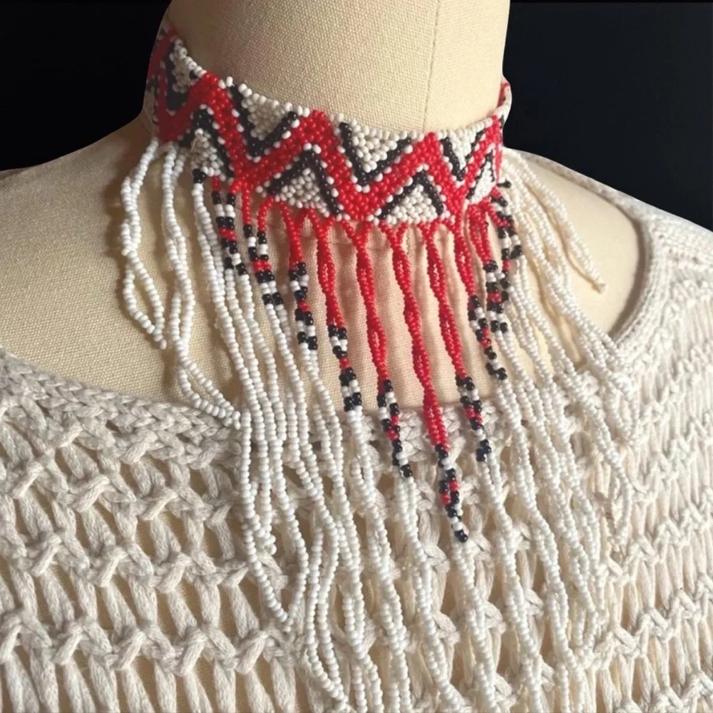Handcrafted Beaded Choker Necklace - Red, Black, and Cream - Picture 1 of 6